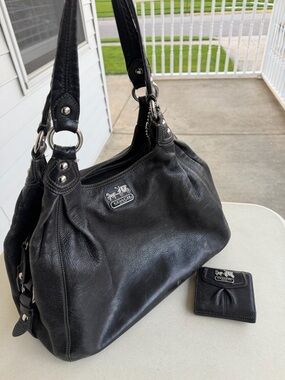 Coach Vintage MADISON MAGGIE Black Leather Shoulder Bag Purse Tote Y2k + Wallet